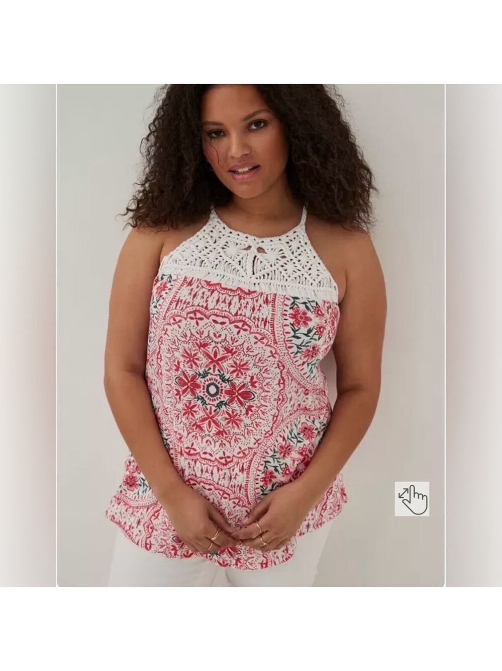 TORRID Plus Size 2 Red & White Floral Crochet Tank Top